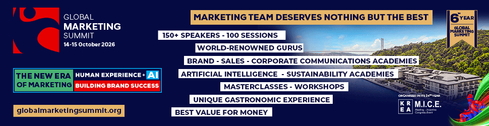 Global Marketing Summit 2026 banner featuring the October 14–15 event at Mandarin Oriental Bosphorus Istanbul, with a focus on marketing, human experience, AI, and brand growth.