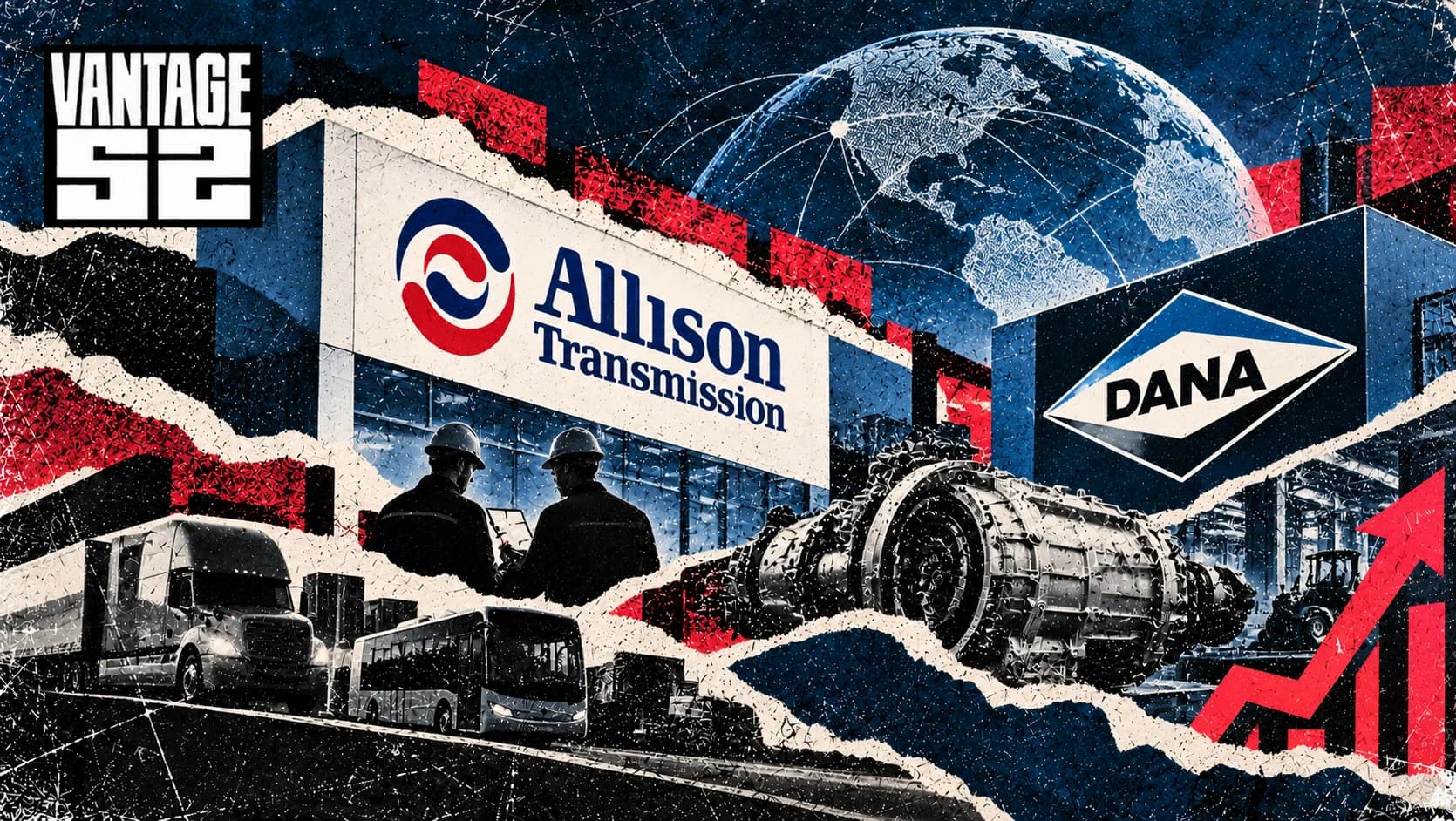 Editorial illustration of industrial brand integration featuring heavy machinery, drivetrain components and a unified corporate identity.