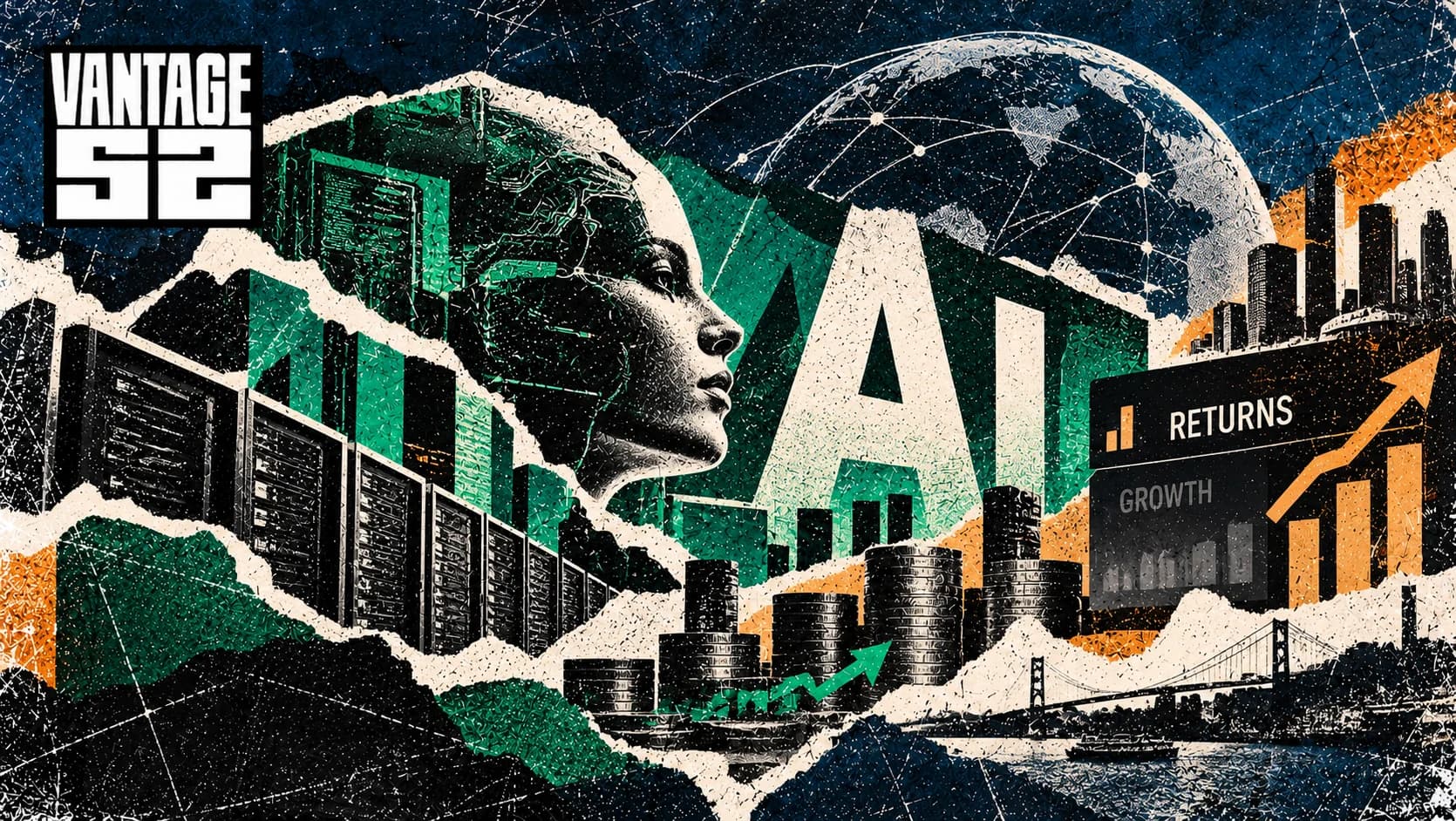 AI data-centre infrastructure and financial market imagery representing the growing scrutiny of artificial intelligence investment, profitability and long-term returns.