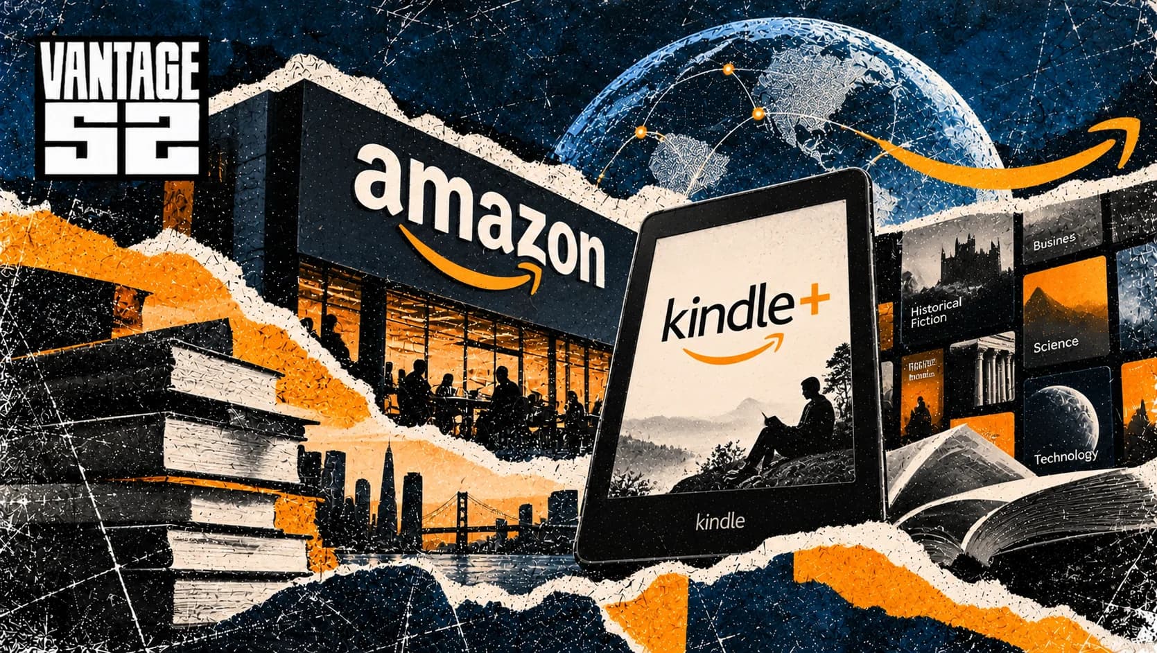 Amazon Kindle+ branding with an ebook reader and audiobook imagery illustrating the subscription's expanded digital reading proposition.