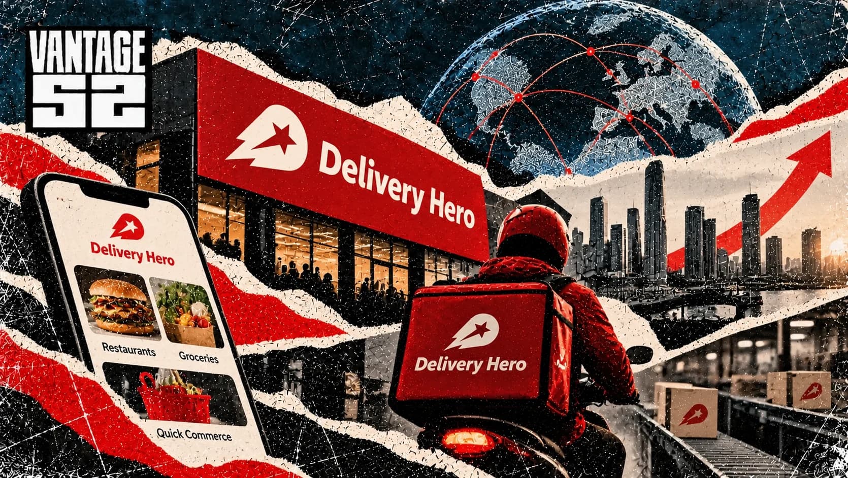 Delivery Hero collage with a red branded storefront, a delivery rider carrying a branded insulated bag, a phone app showing restaurants, groceries and quick commerce, and a globe traced with delivery routes.
