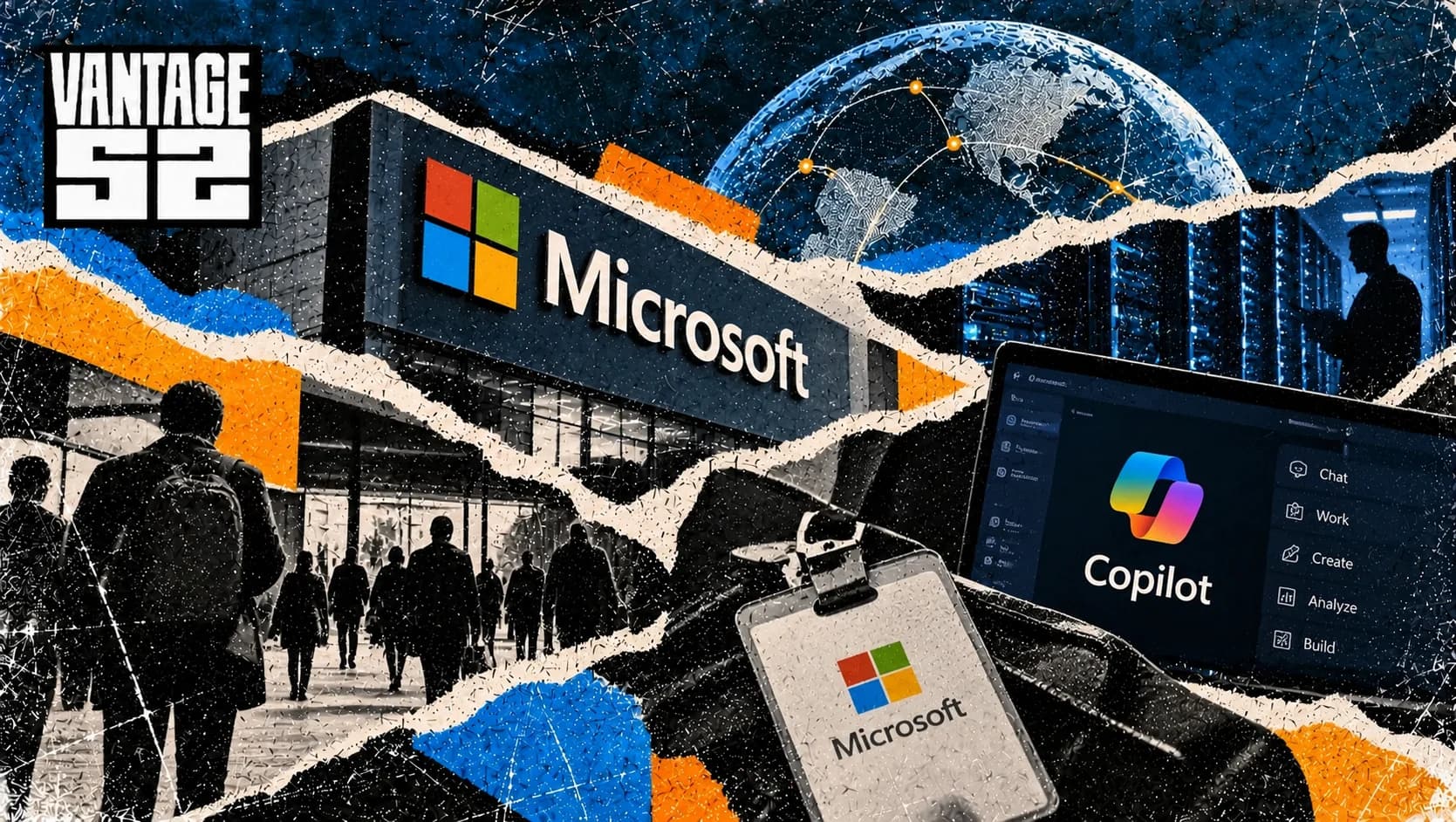 Microsoft collage with the company's office sign, employees walking with staff badges, a laptop showing Copilot and a data centre in the background.